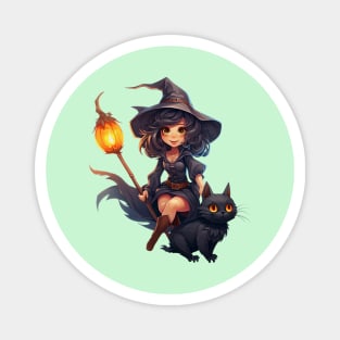 Halloween Witch Black Cat and Pumpkins Magnet